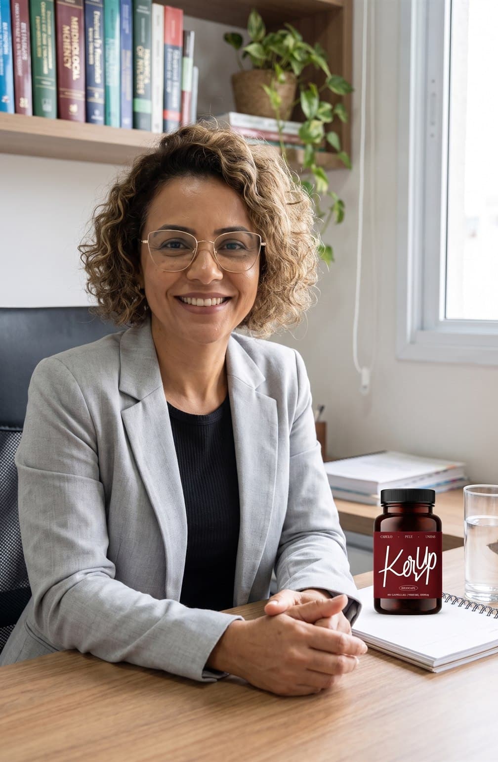 Nutricionista sorrindo, com o frasco de KerUp sobre a mesa